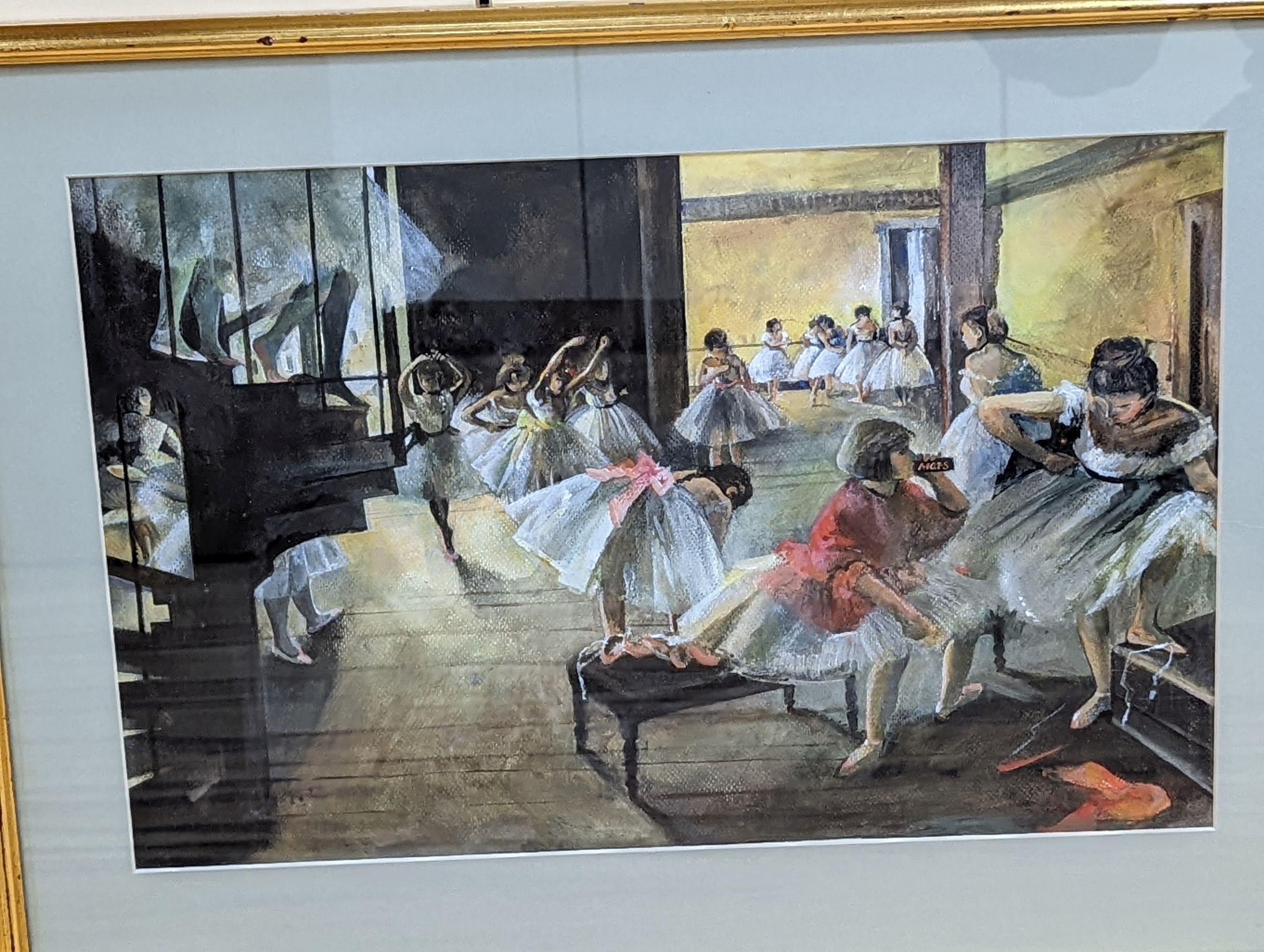 Japanese School, gouache on board, Junk at sea, 30 x 42cm, together with a watercolour ballet dancers after Degas, 30 x 46cm